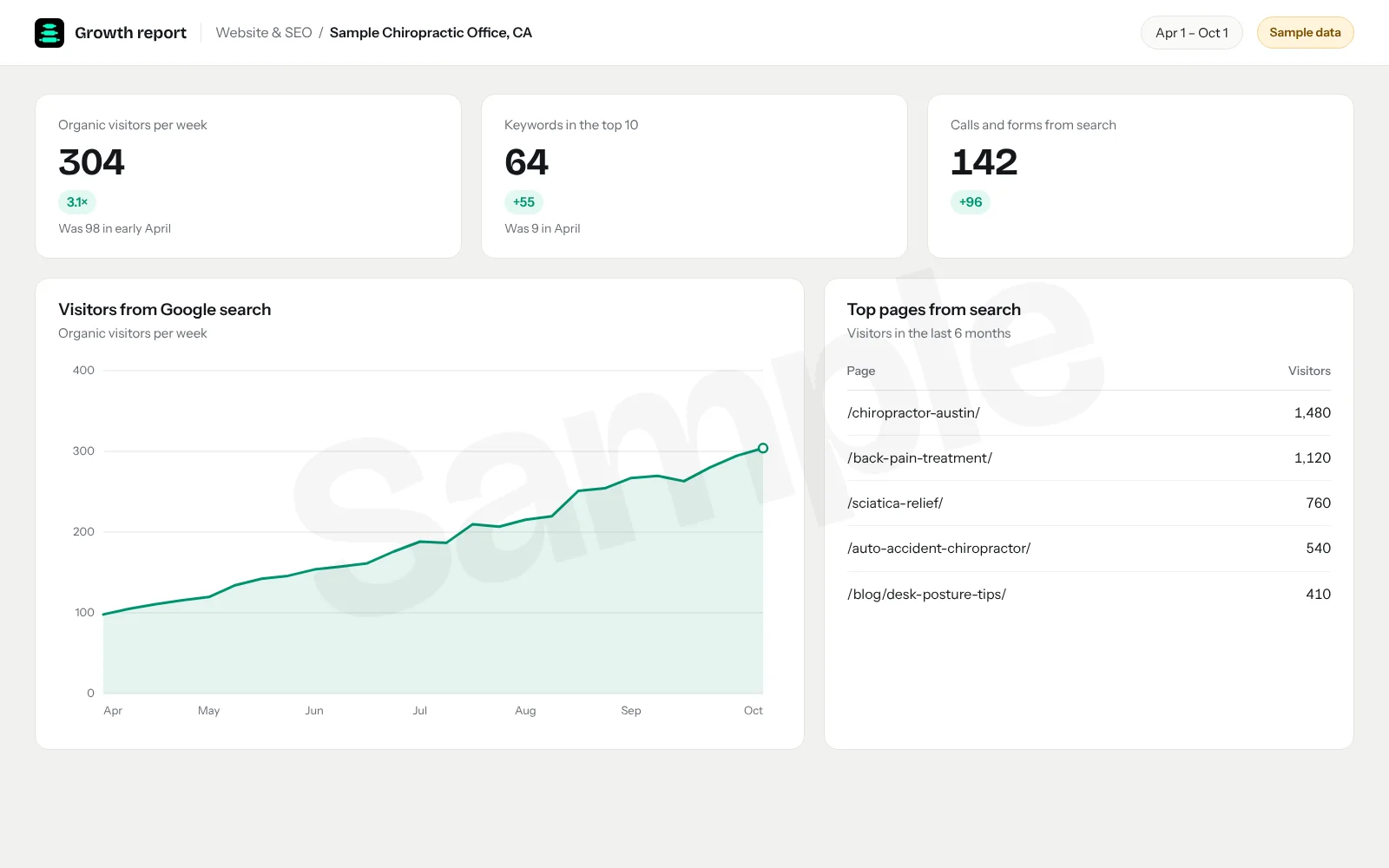Website screenshot: Organic search visitors in six months